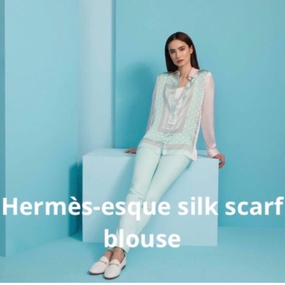 NWT Carlisle Summer House 💯% Italian Silk Scarf Print Blouse - Picture 3 of 10